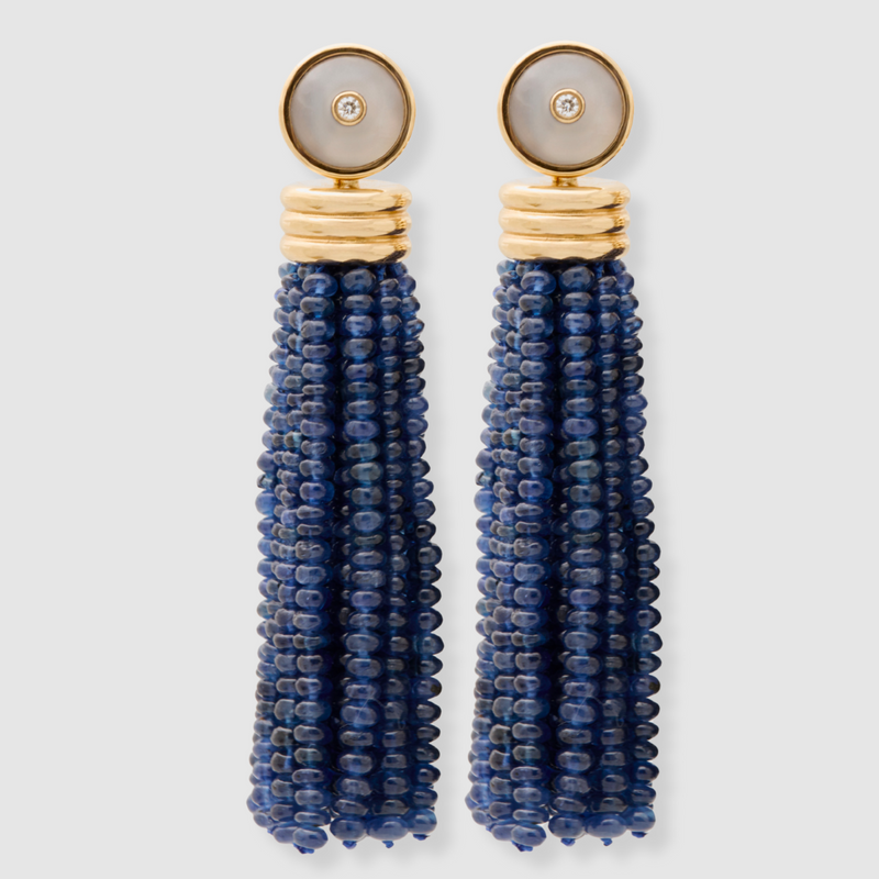 Triple Tassel Blue Sapphire Earrings with Blue Chalcedony Diamond Studs, 18K Yellow Gold,