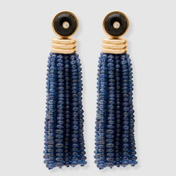 Triple Tassel Blue Sapphire Earrings with Onyx Diamond Studs, 18K Yellow Gold