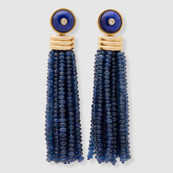 Triple Tassel Blue Sapphire Earrings with Lapis Lazuli Diamond Studs, 18K Yellow Gold,