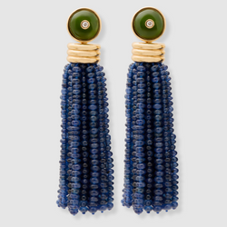 Triple Tassel Blue Sapphire Earrings with Nephrite Jade Diamond Studs, 18K Yellow Gold