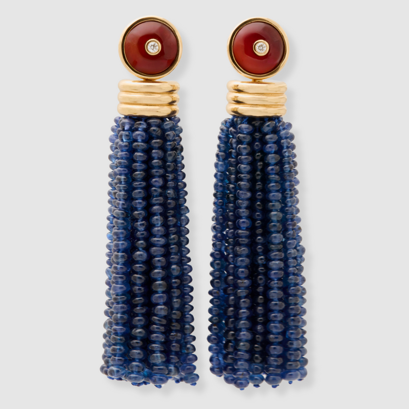 Triple Tassel Blue Sapphire Earrings with Red Chalcedony Diamond Studs, 18K Yellow Gold