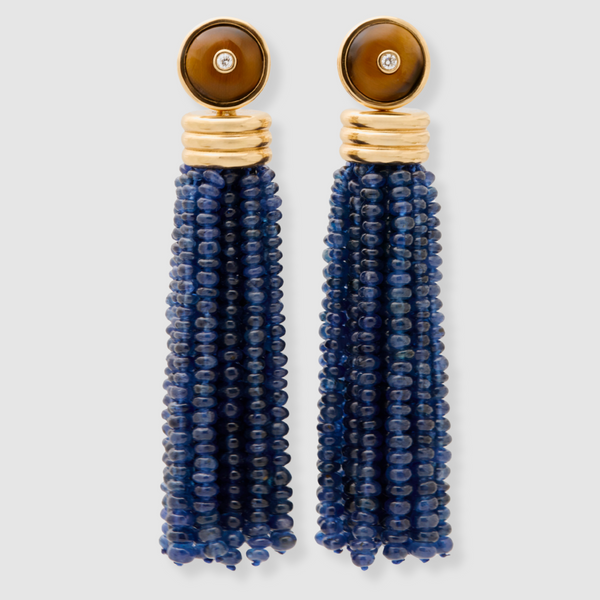 Triple Tassel Blue Sapphire Earrings with Tiger's Eye Diamond Studs, 18K Yellow Gold