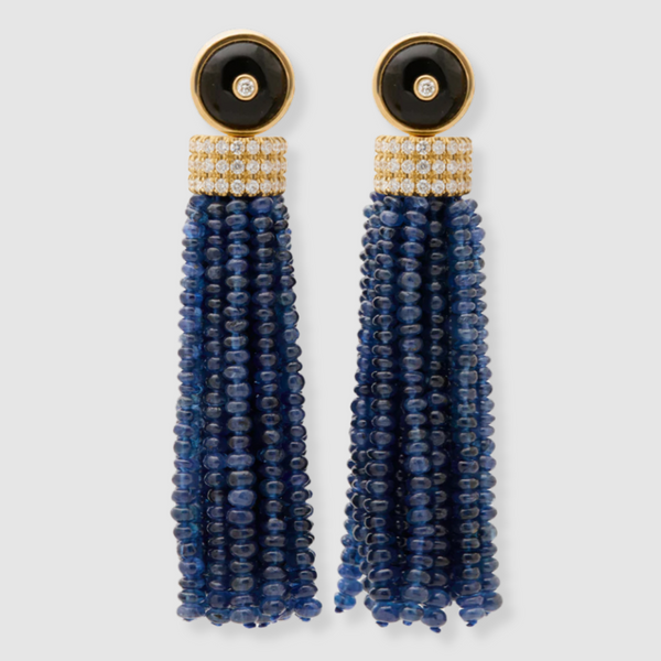 Triple Diamond Tassel Blue Sapphire Earrings with Onyx Diamond Studs, 18K Yellow Gold