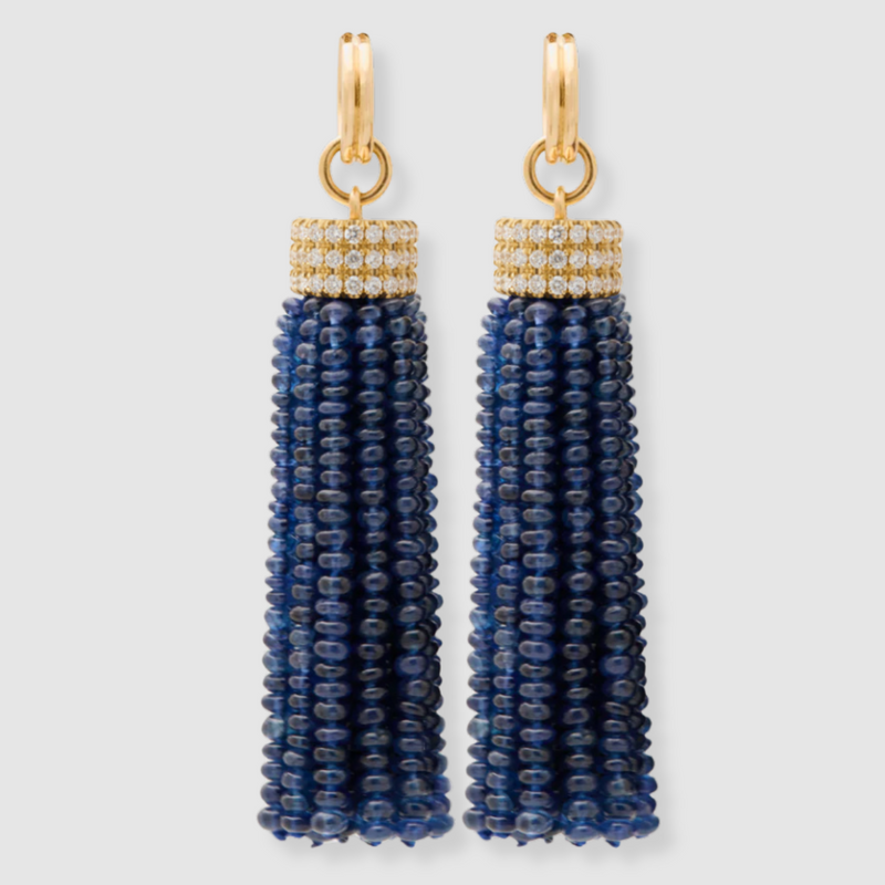 Triple Diamond Tassel Blue Sapphire Rondelles Earrings with Double Huggies, 18K Yellow Gold