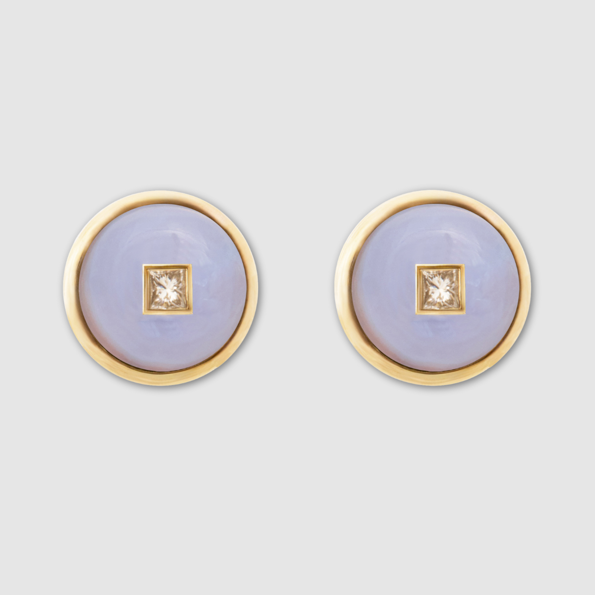 Princess Blue Chalcedony Diamond Studs, 18K Yellow Gold,  Medium