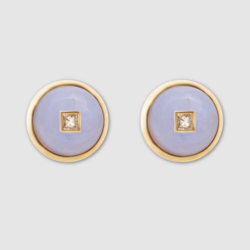 Princess Blue Chalcedony Diamond Studs, 18K Yellow Gold,  Medium