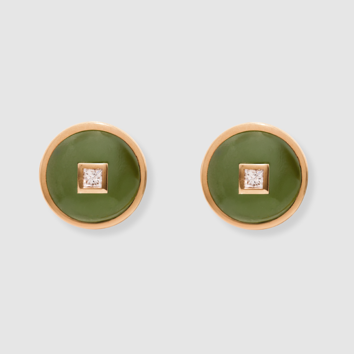 Princess Nephrite Jade Diamond Studs, 18K Yellow Gold,  Medium