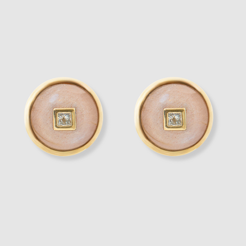 Princess Peach Moonstone Diamond Studs, 18K Yellow Gold,  Medium