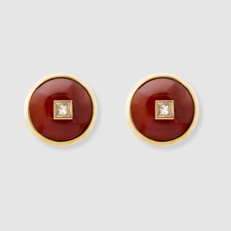 Princess Red Chalcedony Diamond Studs, 18K Yellow Gold,  Medium