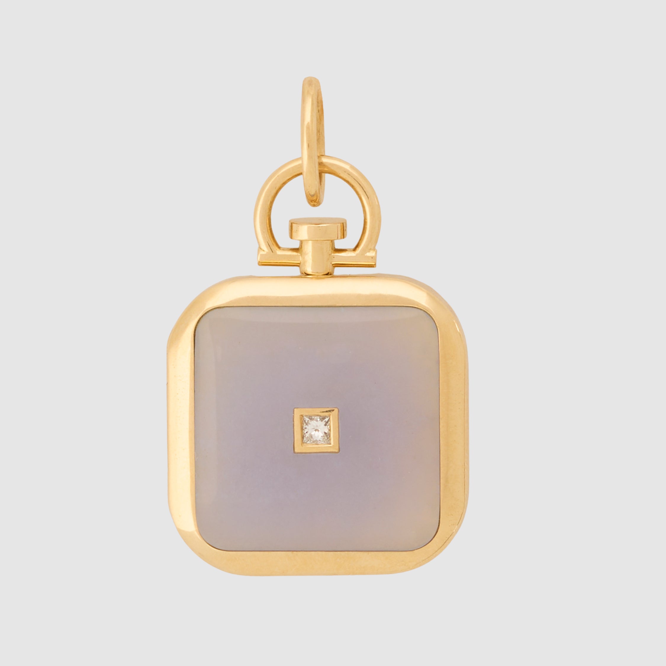 Reversible Diamond Blue Chalcedony Square Barre Photo Locket 18k Yellow Gold