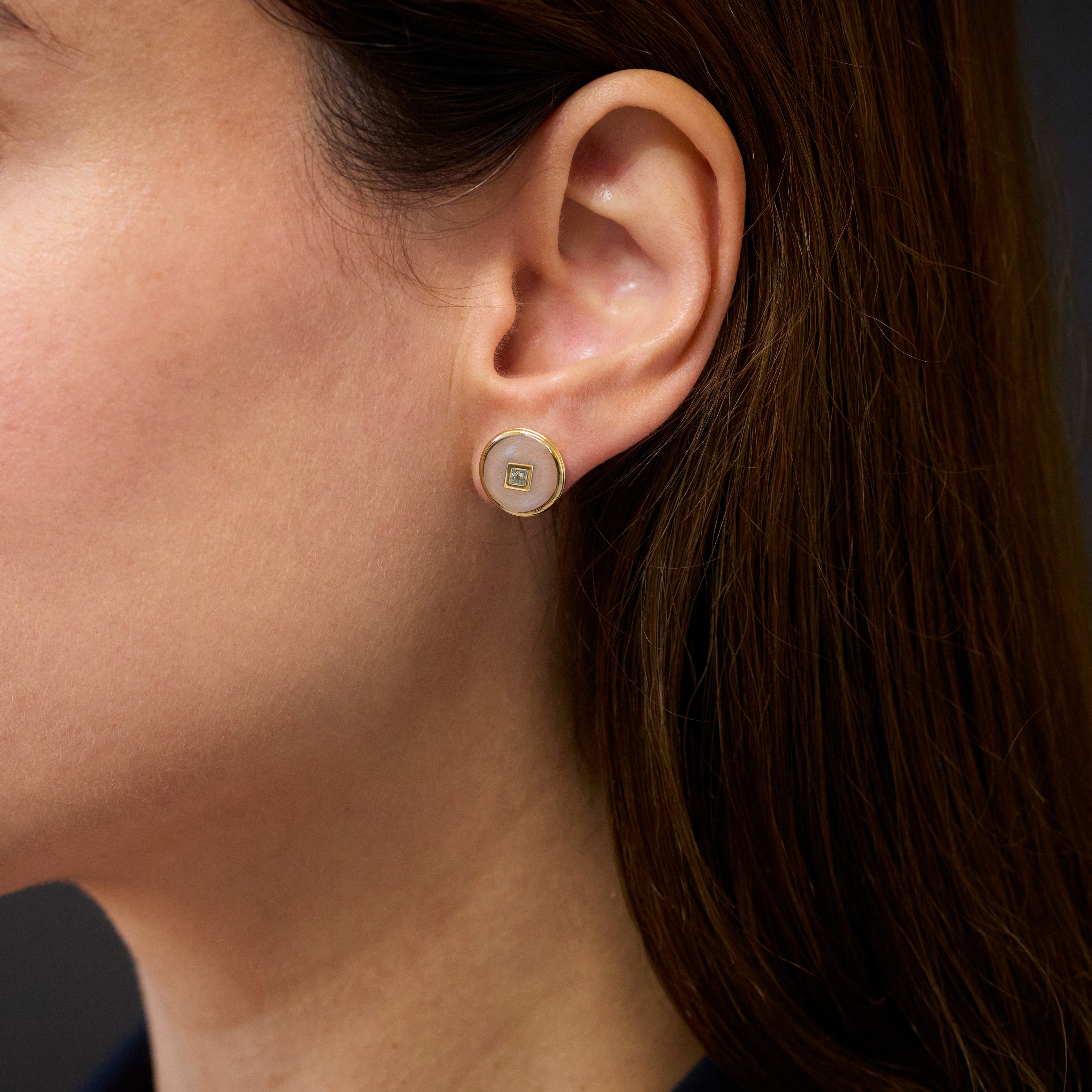 Princess Peach Moonstone Diamond Studs, 18K Yellow Gold,  Medium
