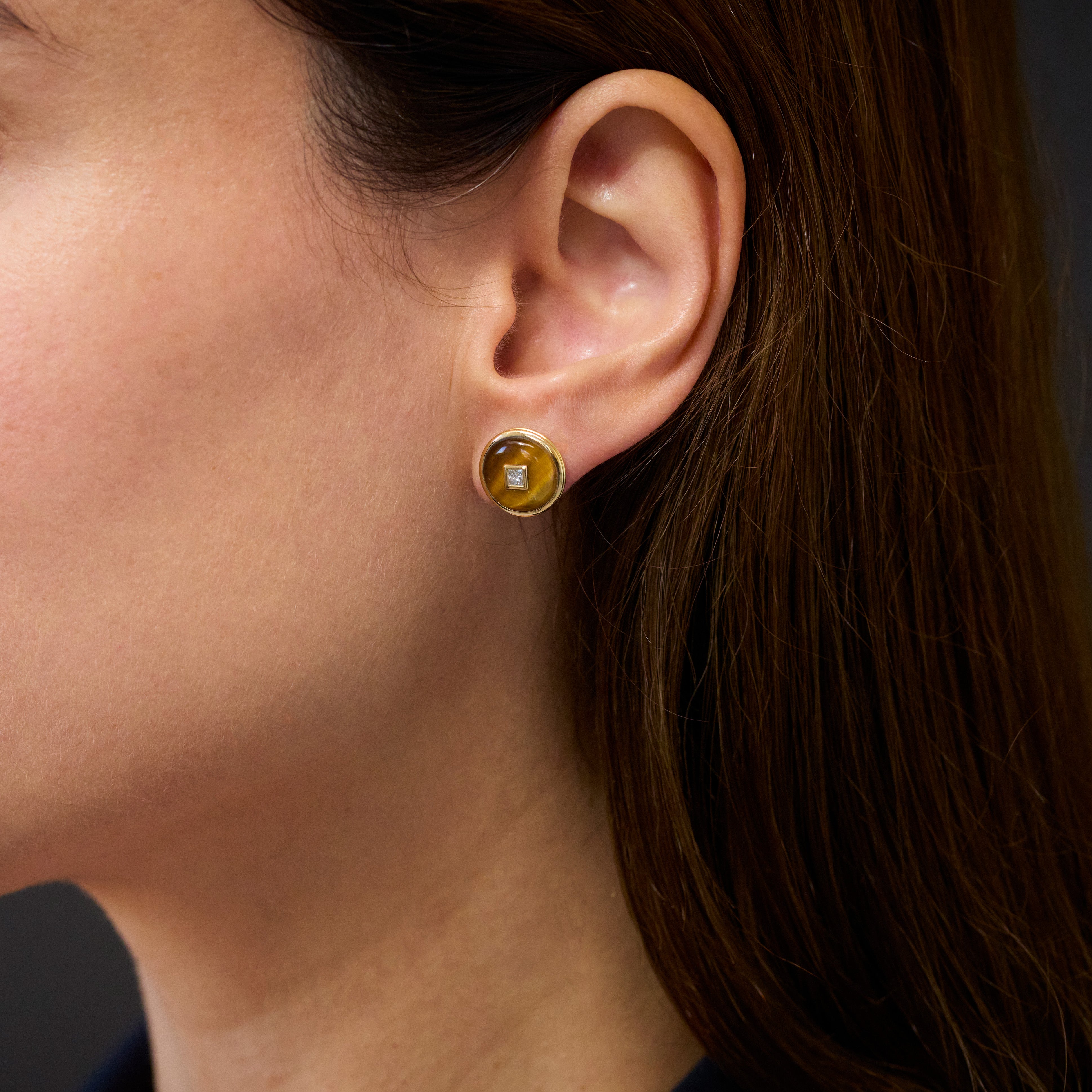 Princess Tiger's Eye Diamond Studs, 18K Yellow Gold,  Medium