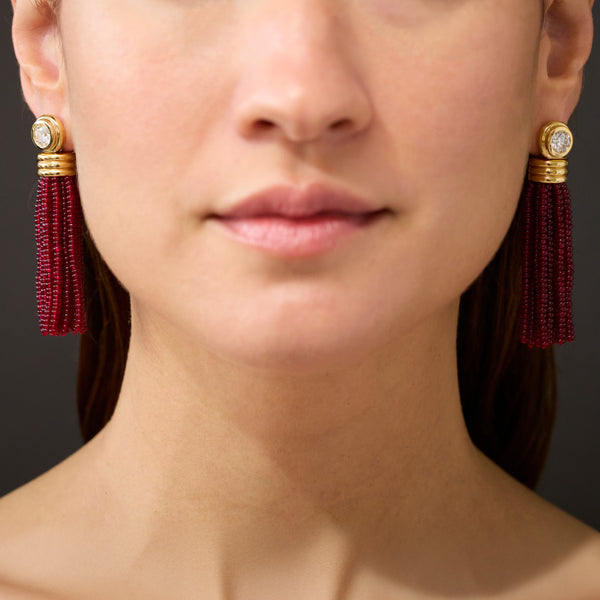 Diamond Round Brilliant Studs with Ruby Tassels, 18K Yellow Gold