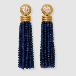 Diamond Round Brilliant Studs with Blue Sapphire Tassels, 18K Yellow Gold