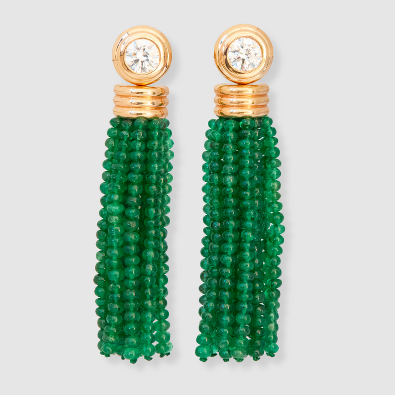 Diamond Round Brilliant Studs with Emerald Tassels, 18K Yellow Gold