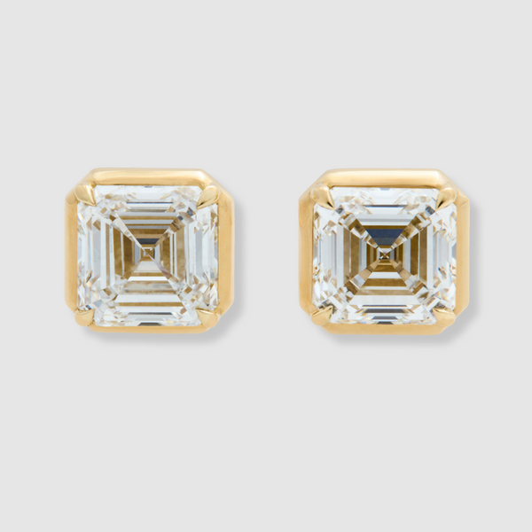 Diamond Asscher Prong Set Studs, 18k Yellow Gold