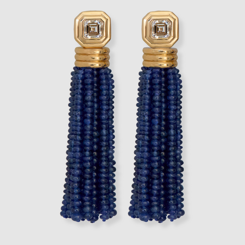 Diamond Asscher Bezel Studs with Sapphire Tassels, 18K Yellow Gold