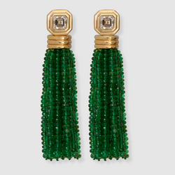 Diamond Asscher Bezel Studs with Emerald Tassels, 18K Yellow Gold