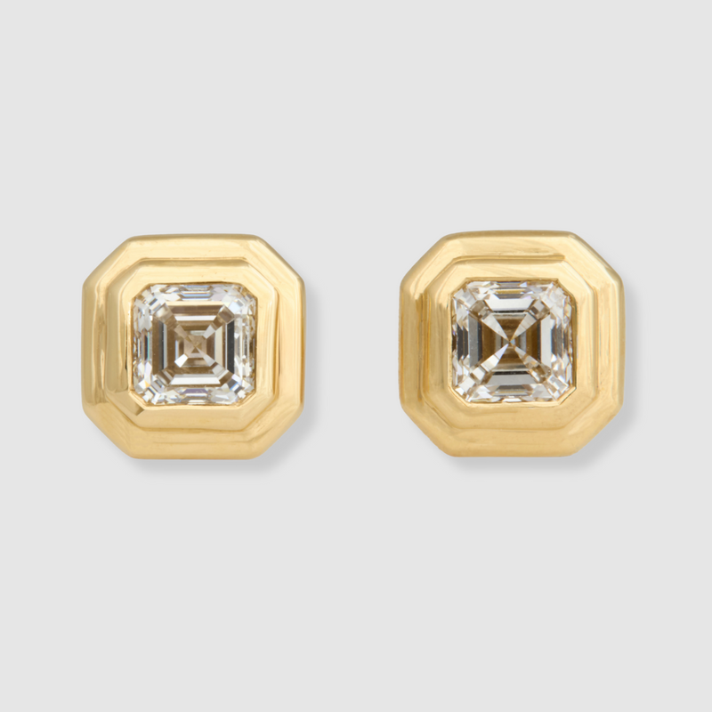 Diamond Asscher Double Bezel Studs, 18K Yellow Gold