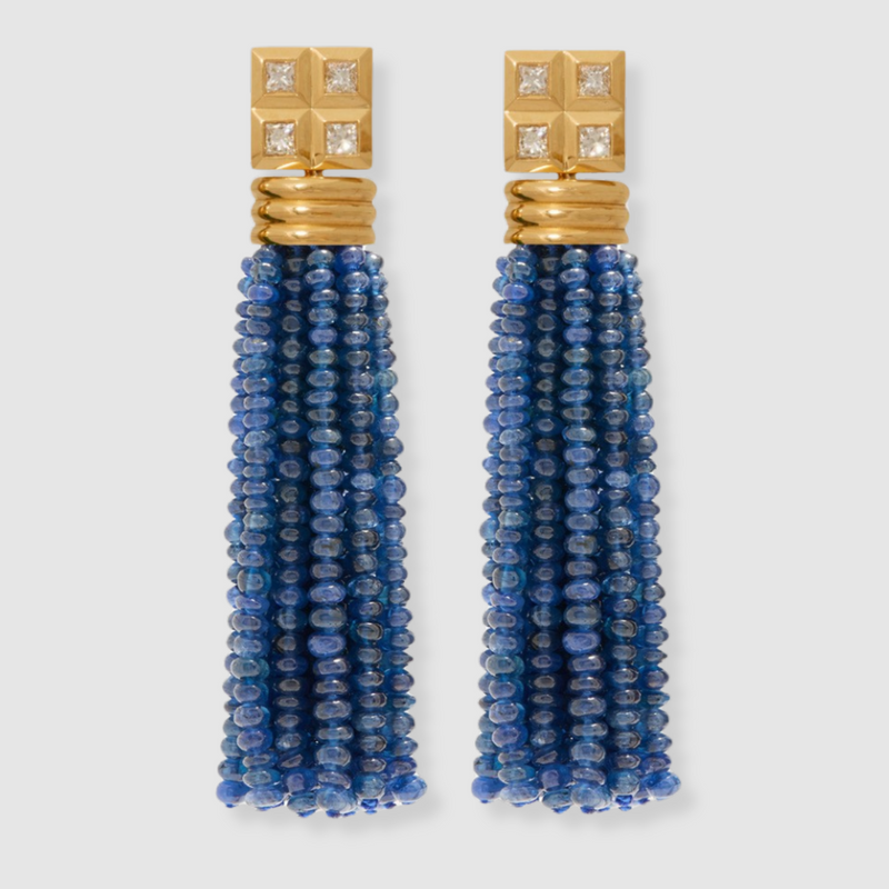 Diamond Grid Studs with Sapphire Tassels, 18K Yellow Gold