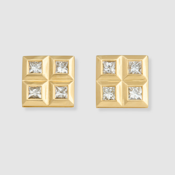 Diamond Princess Cut Grid Studs, 18k Yellow Gold