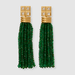 Diamond Grid Studs with Emerald Tassels, 18K Yellow Gold