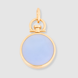 Reversible Circle Blue Chalcedony Photo Locket 18k Yellow Gold (One side stone, one side barre)