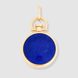 Reversible Circle Lapis Lazuli Photo Locket 18k Yellow Gold (One Side Stone, One Side Barre)