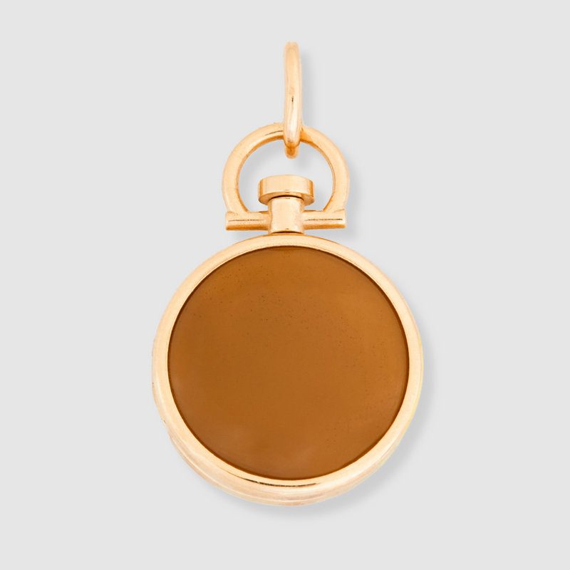 Reversible Circle Mustard Chalcedony Photo Locket 18k Yellow Gold (One Side Stone, One Side Barre)