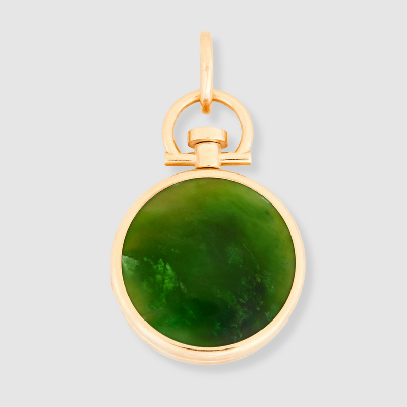 Reversible Circle Nephrite Jade Photo Locket 18k Yellow Gold (One side stone, one side barre)