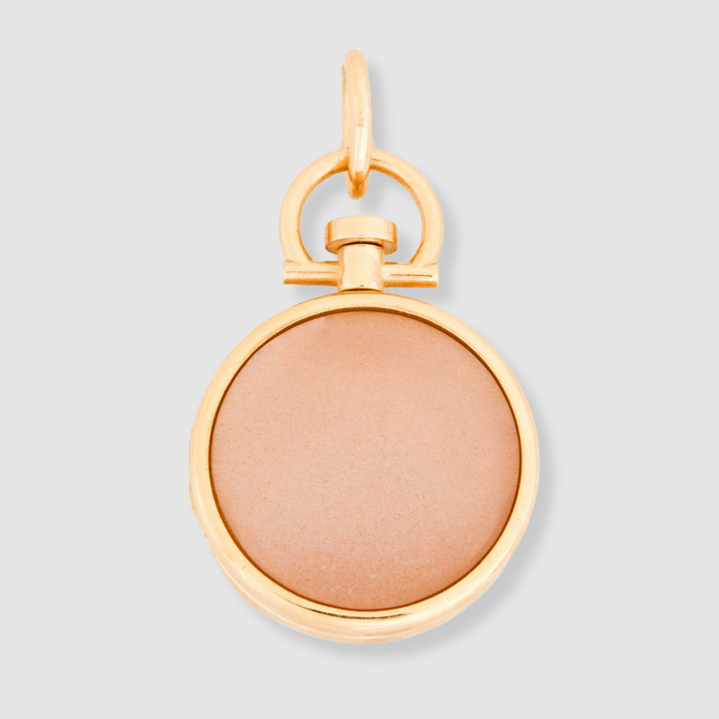 Reversible Circle Pink Moonstone Barre Photo Locket 18k Yellow Gold (One Side Stone, One Side Barre)