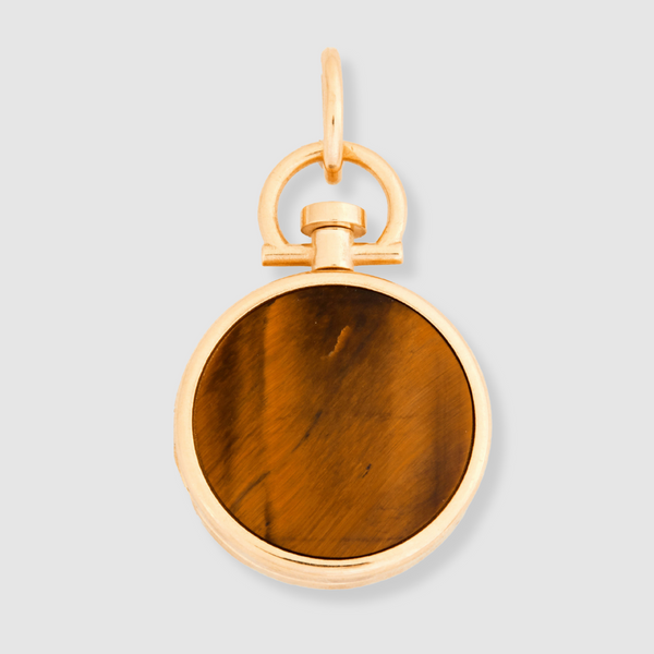 Reversible Circle Tiger's Eye Photo Locket 18k Yellow Gold (One side stone, one side barre)