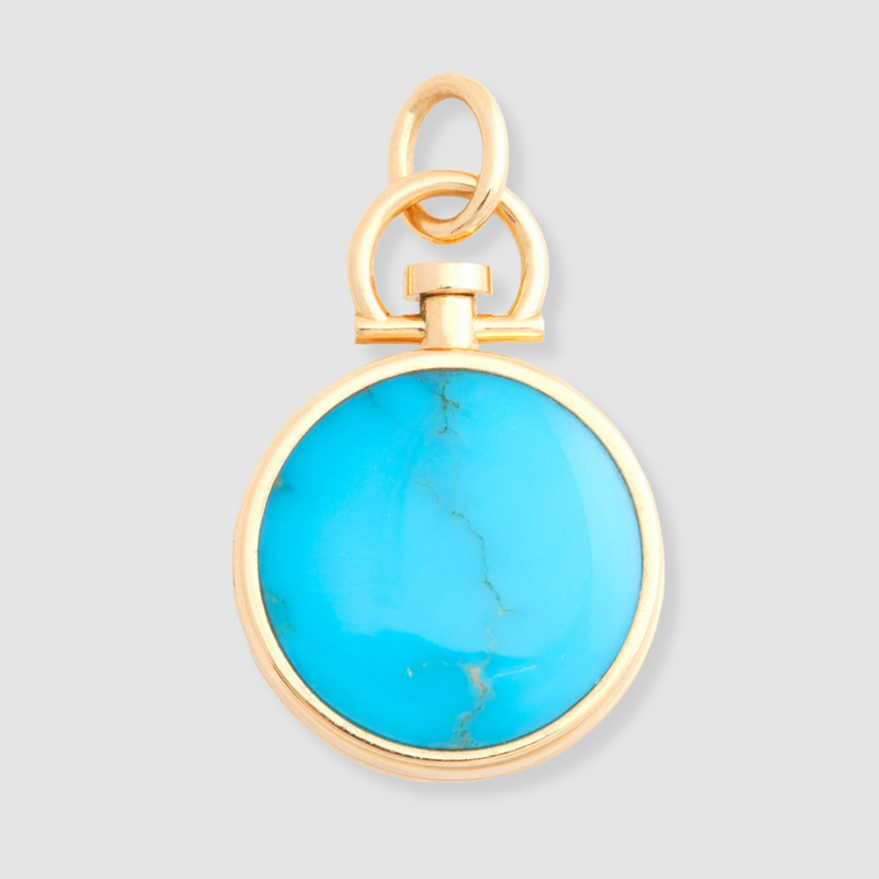 Reversible Circle Kingman Turquoise Photo Locket 18k Yellow Gold (One Side Stone, One Side Barre)