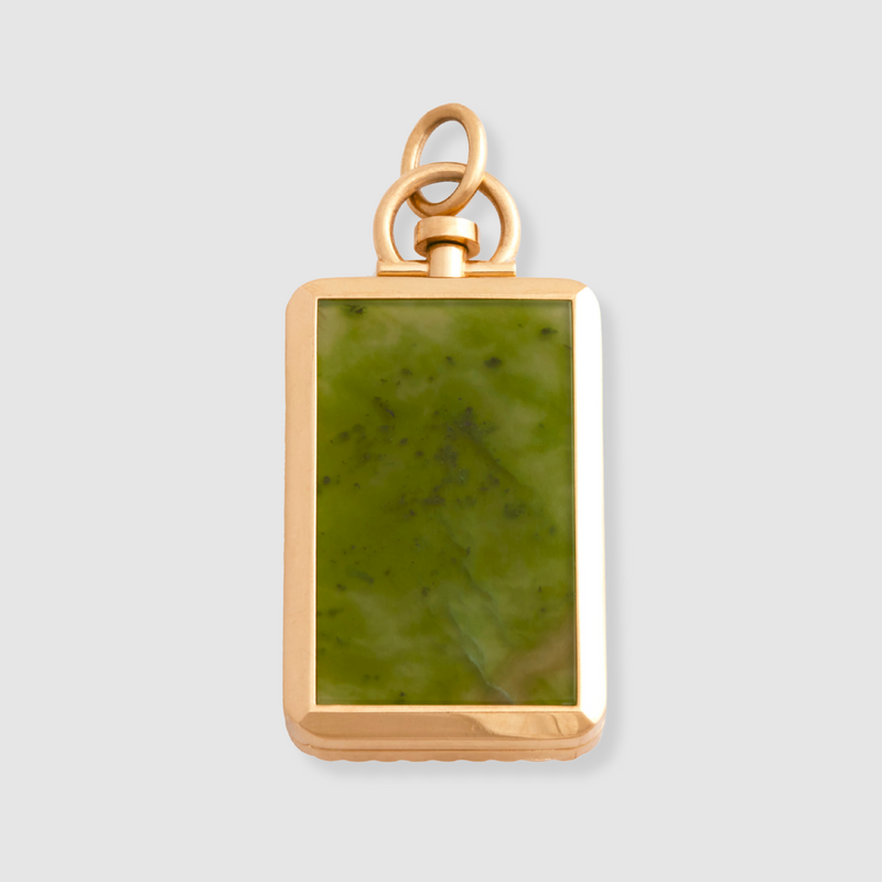 Reversible Rectangle Nephrite Jade Barre Photo Locket 18k Yellow Gold (One Side Stone, One Side Barre)