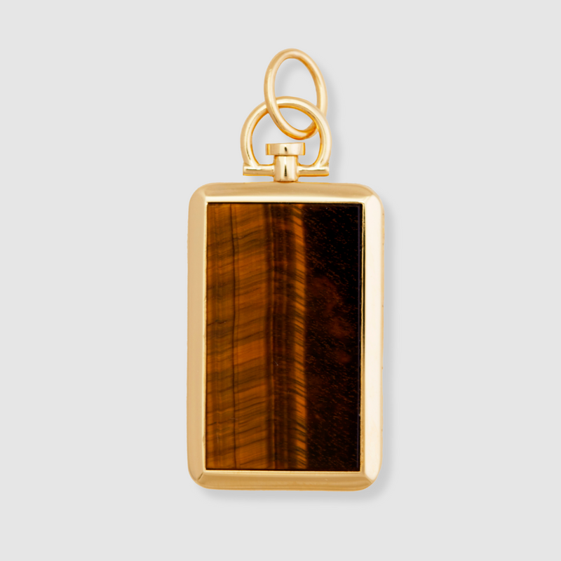 Reversible Rectangle Tiger Eye Barre Photo Locket 18k Yellow Gold (One Side Stone, One Side Barre)