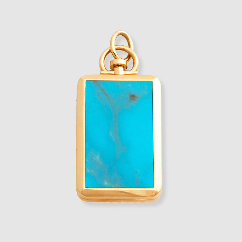 Reversible Rectangle Kingman Turquoise Barre Photo Locket 18k Yellow Gold (One Side Stone, One Side Barre)