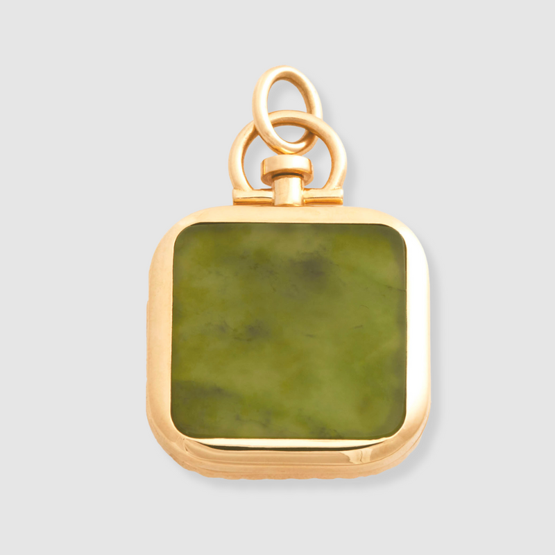 Reversible Square Nephrite Jade Barre Photo Locket 18k Yellow Gold (One Side Stone, One Side Barre)