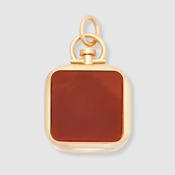 Reversible Square Red Chalcedony Barre Photo Locket 18k Yellow Gold (One Side Stone, One Side Barre)