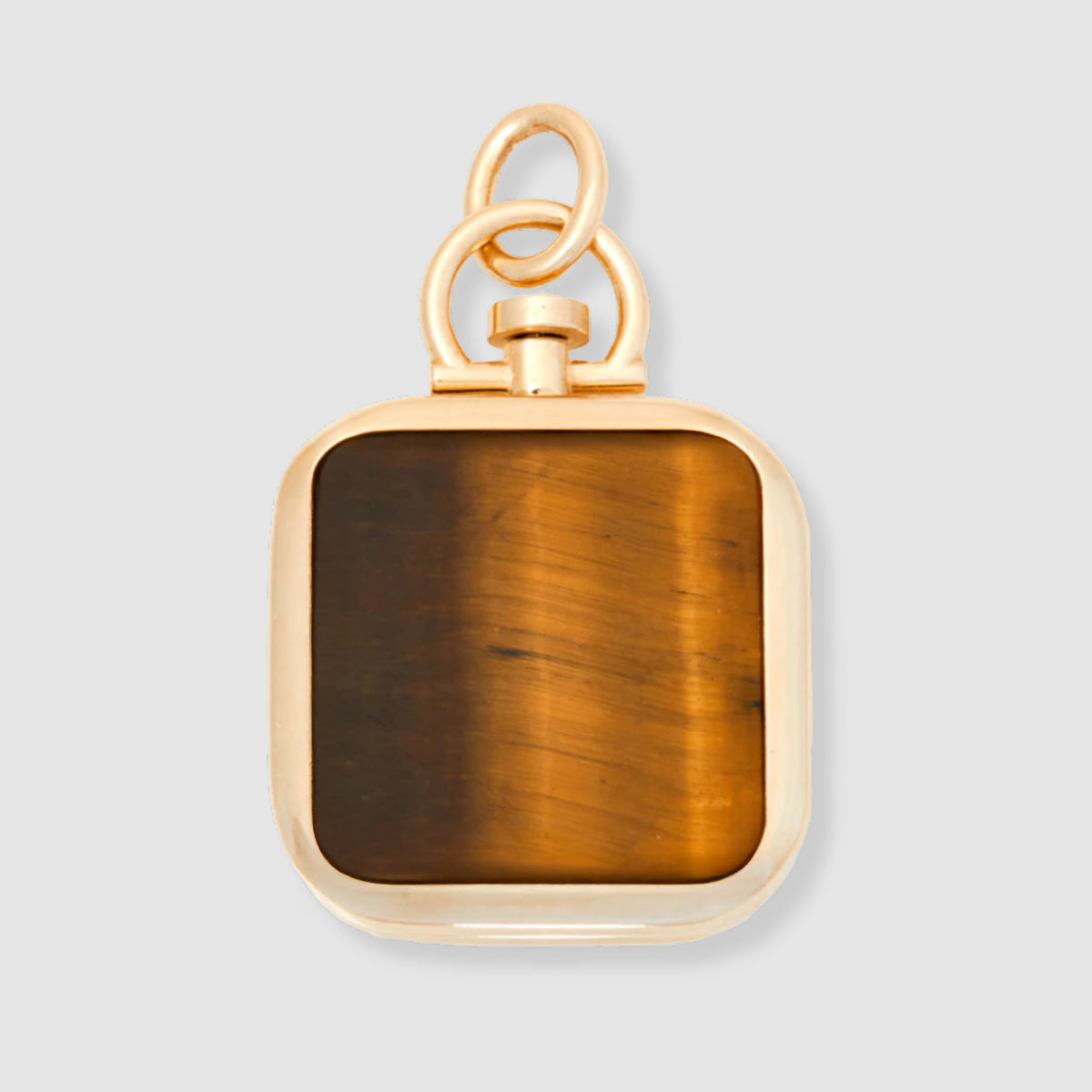Reversible Square Tiger's Eye Barre Photo Locket 18k Yellow Gold (One Side Stone, One Side Barre)