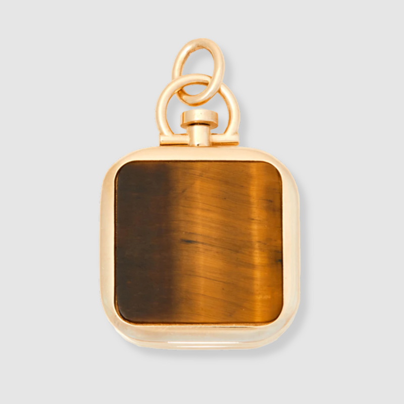 Reversible Square Tiger's Eye Barre Photo Locket 18k Yellow Gold (One Side Stone, One Side Barre)