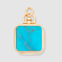 Reversible Square Kingman Turquoise Barre Photo Locket 18k Yellow Gold (One Side Stone, One Side Barre)