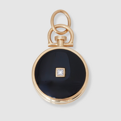 Reversible Diamond Circle Onyx Photo Locket 18k Yellow Gold (One side stone, one side barre)