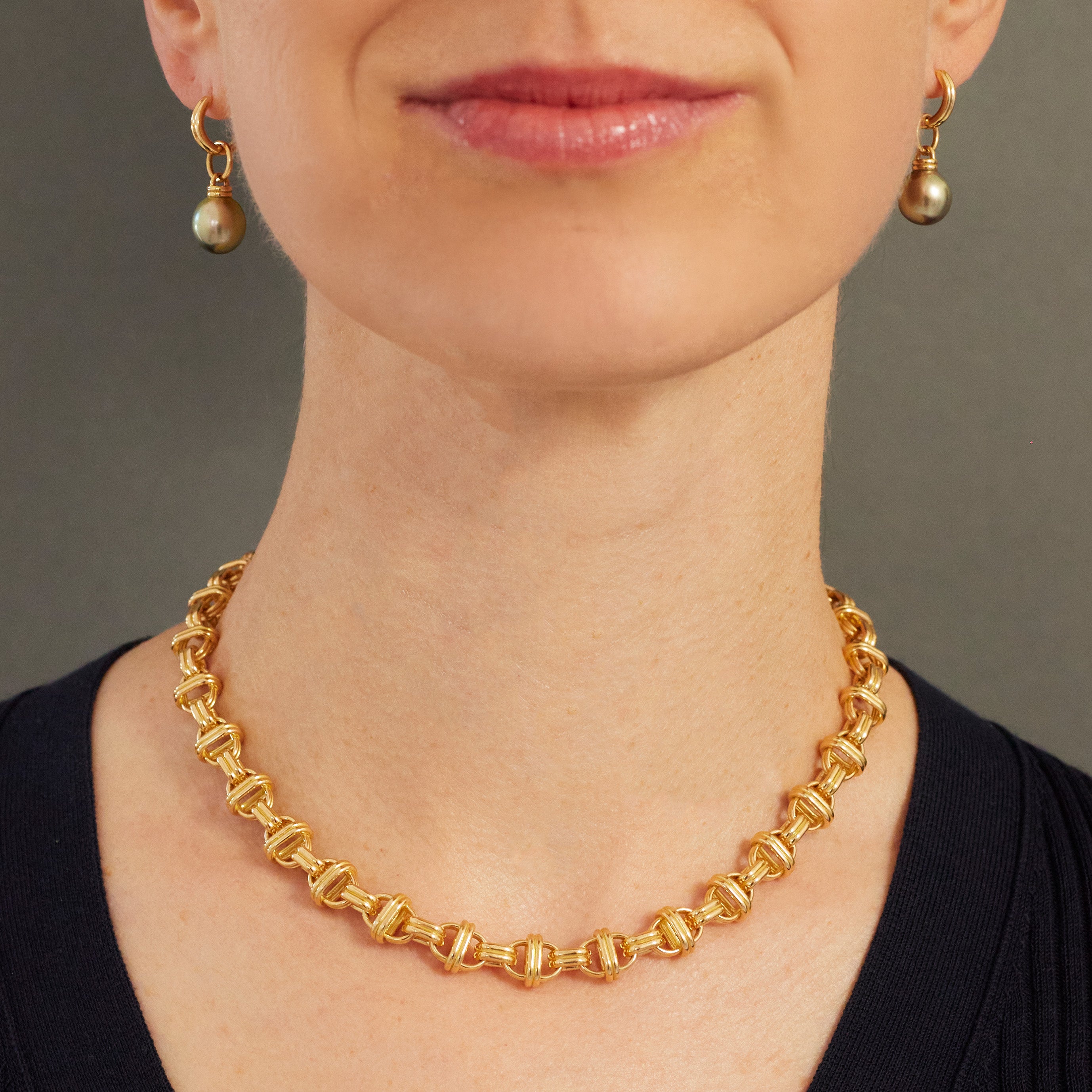 Tahitian Pearl Drops with Double Link Huggies, 18k Yellow Gold, Small (Pearl)