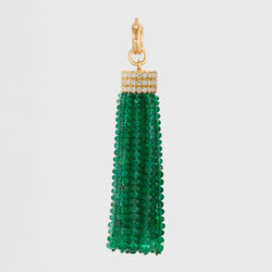 Triple Diamond Tassel Emerald Rondelles Pendant, 18K Yellow Gold