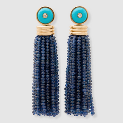 Triple Tassel Blue Sapphire Earrings with Turquoise Diamond Studs, 18K Yellow Gold,