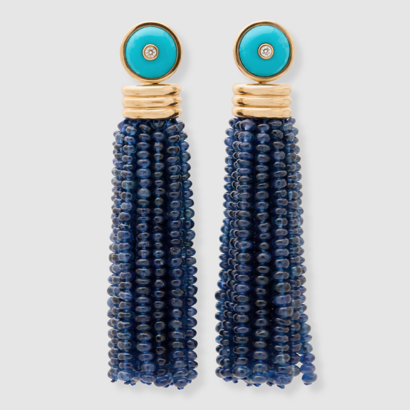 Triple Tassel Blue Sapphire Earrings with Turquoise Diamond Studs, 18K Yellow Gold