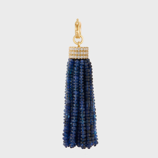 Triple Diamond Tassel Blue Sapphire Rondelles Pendant, 18K Yellow Gold