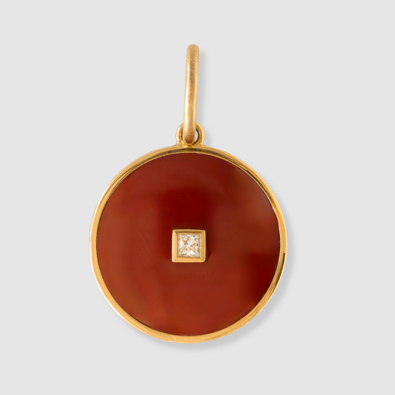 Red Chalcedony Round Diamond Pendant, 18K Yellow Gold, Medium