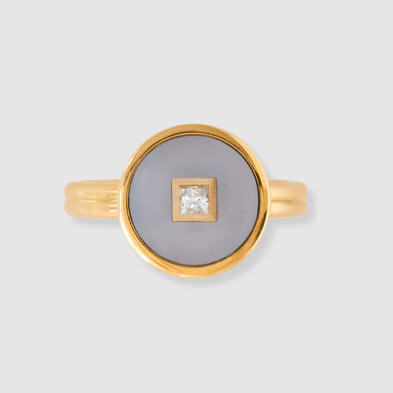 Diamond Blue Chalcedony Double Band Ring, 18K Yellow Gold