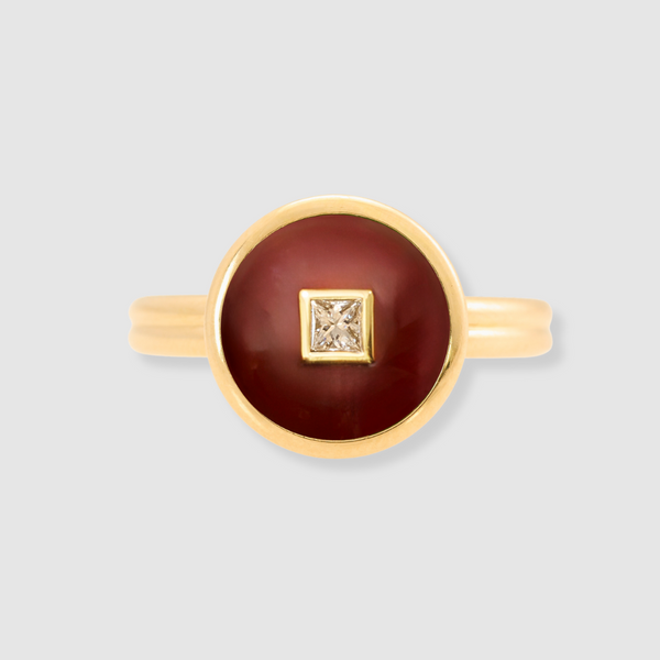 Diamond Red Chalcedony Double Band Ring, 18K Yellow Gold